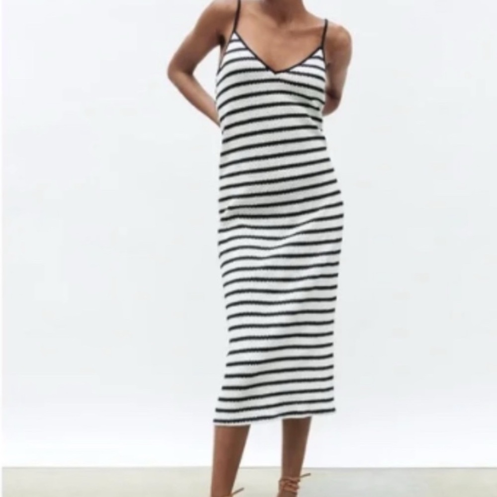 Zara Navy & White Striped Crochet Midi Dress | Size S